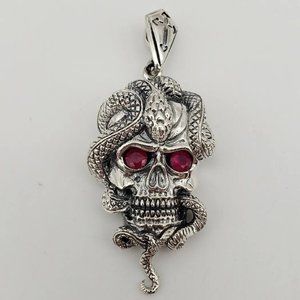 Large Sterling Silver Skull Snake with Ruby Eyes Pendant 2 1/4"